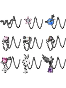 Cool 9 Pcs Black Colorful Dangle Double Nose Rings Hoops Single Piercing Stainless Steel Dangling Nose Hoops for Women Men Spiral Snake Flower Moon Twist Nose Ring Hoops Double Hoop Earrings