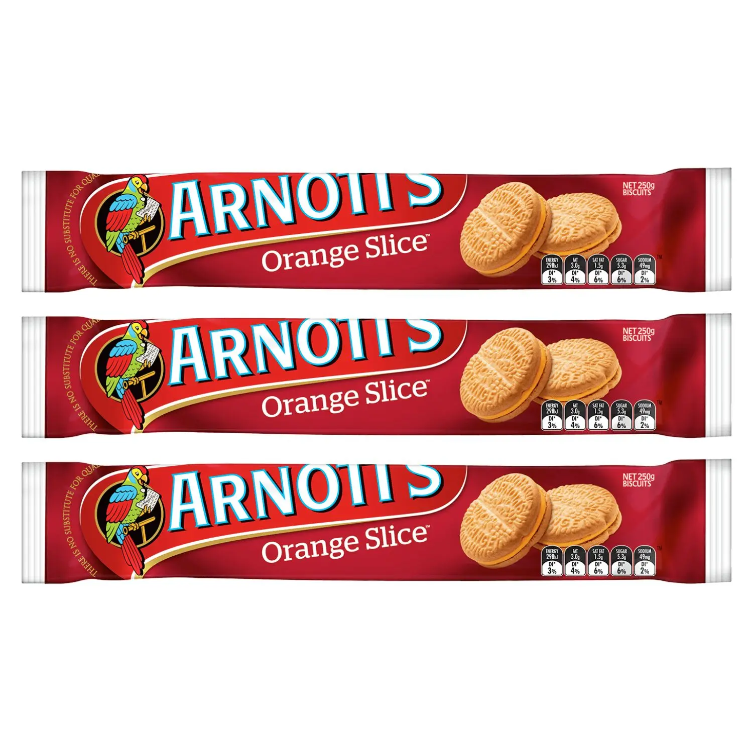 ORANGE Slice CREAM Biscuits (Pack of 3 x 250g EA) Two Lightly Golden Sweet Biscuits, Cream Filling with Real Orange Essence Snack Sandwich