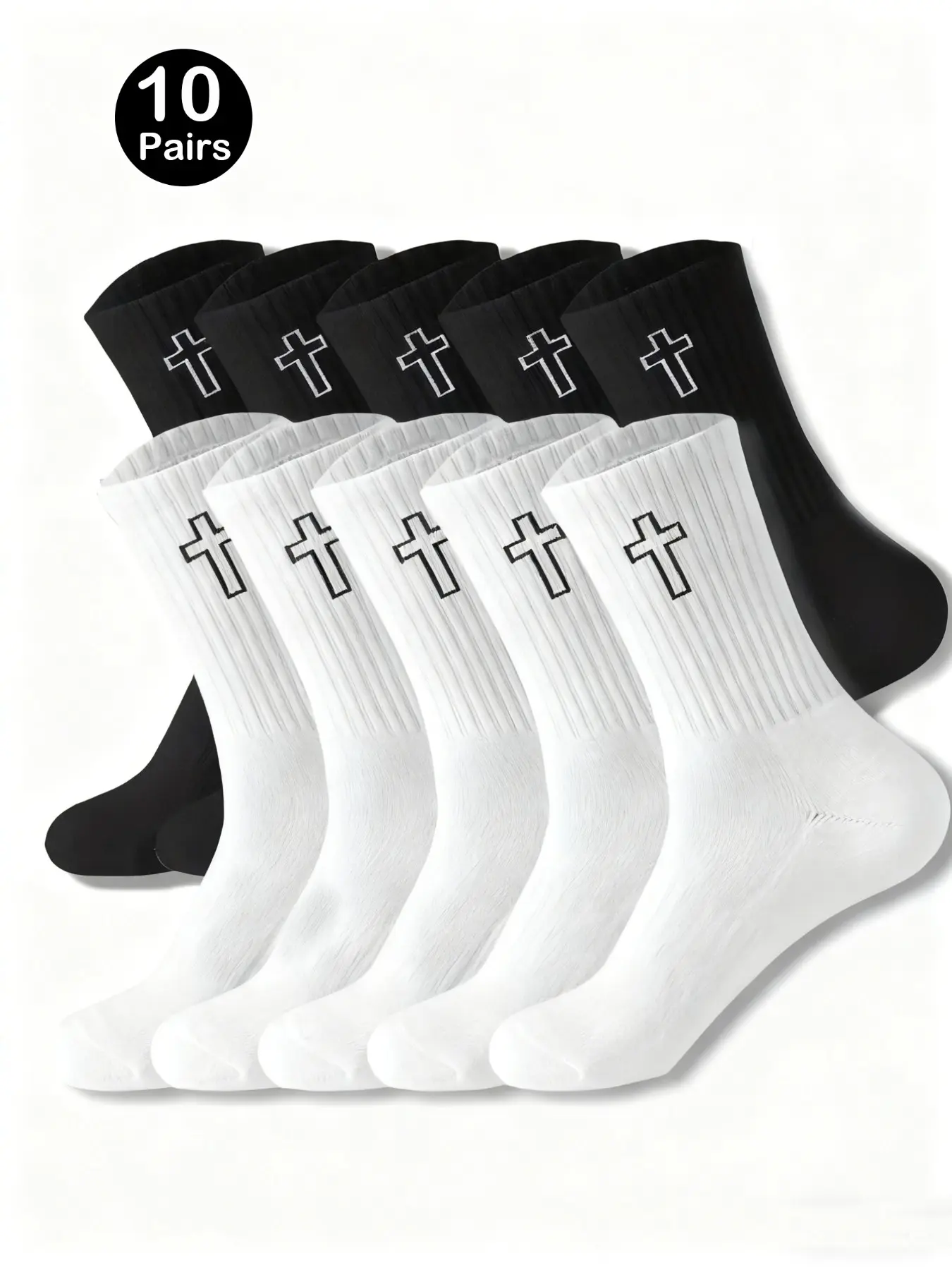 10 Pairs Men's Cross Pattern Knitted Socks, Christian Jesus Catholic Faith Socks, Ideal Gift for Husband, Wife, Family, Birthday, Christmas, Easter
