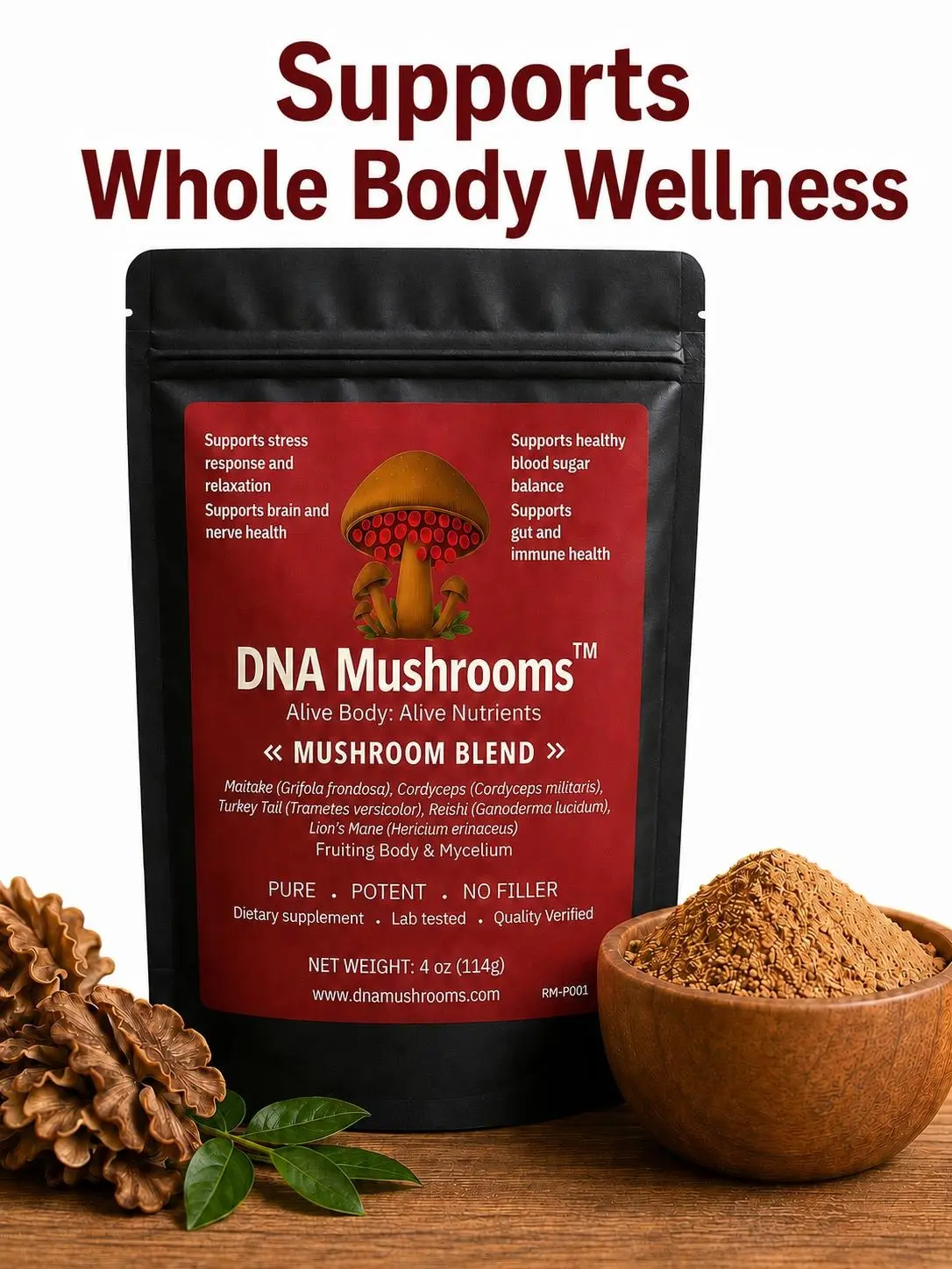 DNA Mushroom Matrix Blend- Whole Body Wellness support focus, balance, organic immune wellness, energy, gut health, Lion Mane, Reishi, Turkey Tail, Maitake, Cordycep. Pure, Potent, No fillers