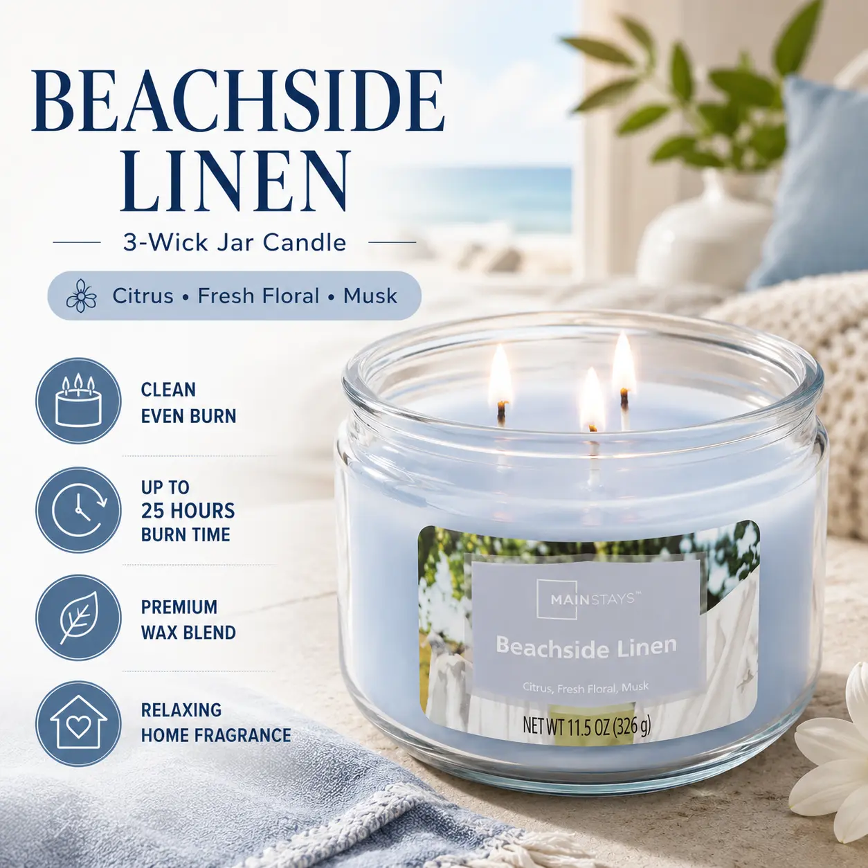 Mainstays 3-Wick Glass Jar Candle, Beachside Linen, Blue, 11.5 oz Mainstays 3-Wick Glass Jar Candle, Beachside Linen, Blue, 11.5 oz