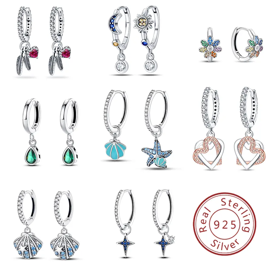 925 silver, sun and moon combination earrings, green zircon earrings, Star earrings, cute flower earrings, rainbow earrings, inlaid with multicolored zircon, Christmas gifts, suitable for all occasions Fashionable Simple Hoop Earrings