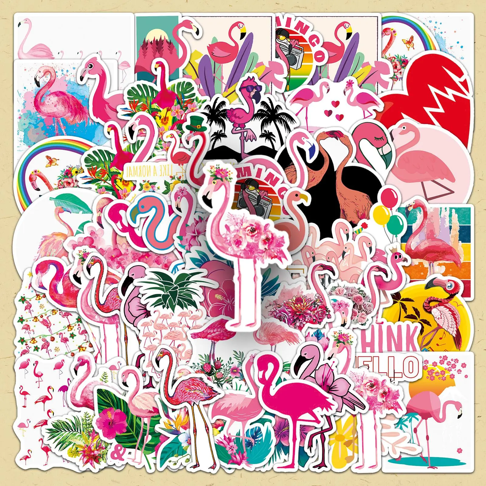 Flamingo Pattern Sticker, 50pcs/set Cartoon Flamingo Decorative Sticker, DIY Decorative Aesthetic Cute Decal Sticker Funny Stickers Sticker Sheets for Scrapbooking & Journal Making, Scrapbook Accessories, Decoration Sticker