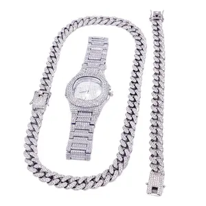 3 Piece Set Necklace Bracelet Watch 14K White Gold Plated Jewelry Set with Chain Design