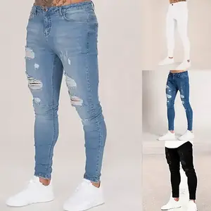 2024 Pencil Pants Elastic Sweatpants Men Fit Solid Ripped Denim Harem Pants Casual Black Blue White Destroyed Jeans Pants