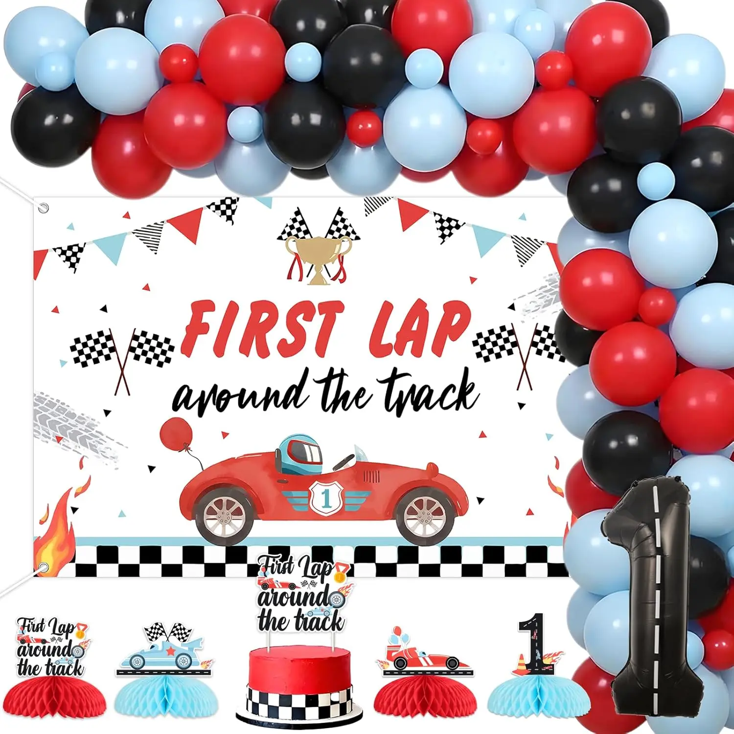 Race Car 1st Birthday Decorations Set for Boys - Vinyl Photo Backdrop, Balloons Garland, 1 Number Foil Balloon, Cake Topper, Honeycomb Decor (Festive Party Supplies for First Lap Around the Track Theme)