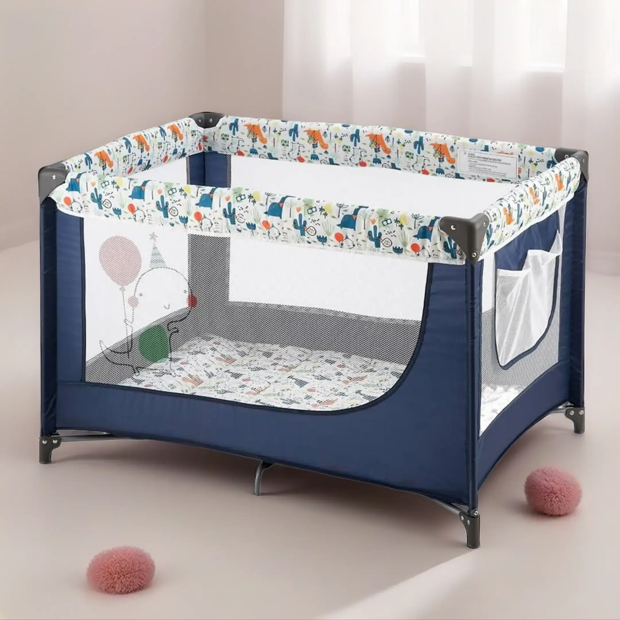 3-in-1 Portable Baby Crib and Playpen, Foldable Travel Bassinet with Breathable Mesh, Custom Fit Mattress for Infants 0-3 Years, Includes Carry Bag, Mesh Sides