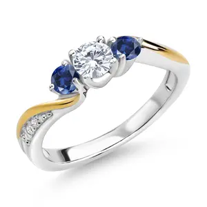 Gem Stone King White Lab Grown Diamond and Blue Created Sapphire 3-Stone Engagement Ring For Women | 925 Sterling Silver and 10K Yellow Gold | 0.58 Cttw | Wedding Engagement Anniversary Ring