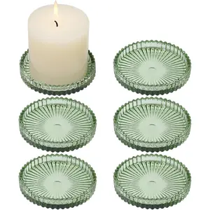Glass Pillar Candle Holder, 4" Green Candle Plates Set of 6, Glass Candle Holders for Wedding, Party, Holiday, Home Decor, Table Centerpiece