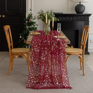 Silvery Snowflake Metallic Print Tulle Christmas Table Runner, Seasonal Winter Kitchen Dining Table Decoration for Home Party Decor