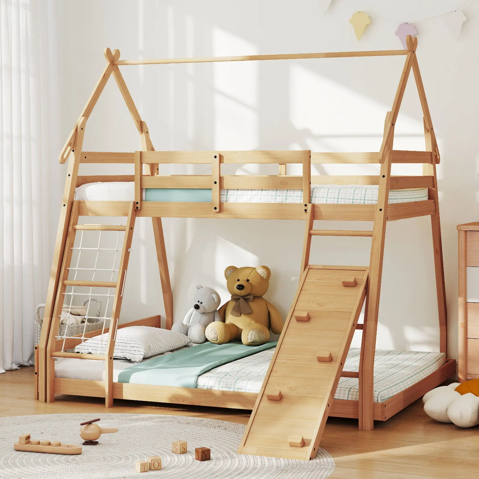 Natural Solid Wood Twin Over Full House Bunk Bed with 2-in-1 Climbing Net & Slide, Tree House Roof Bunk Bed Frame with Full Safety Guardrails, Montessori Play Bunk Bed for Bedroom
