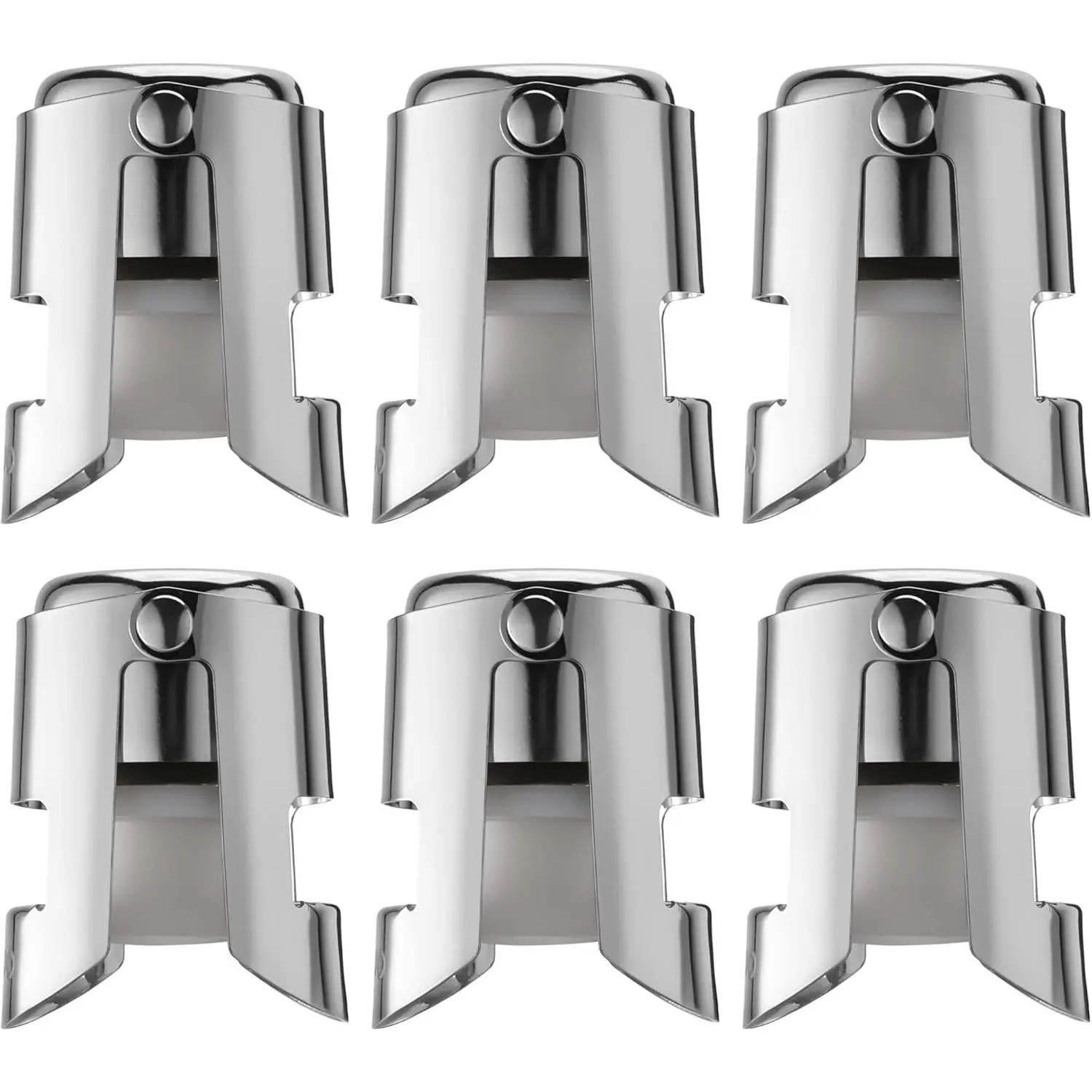 6-Pack Stainless Steel Bottle Stopper with Food-Grade Silicone, Leak-Proof Bubble Retainer for Champagne, Prosecco, Cava (Silver)