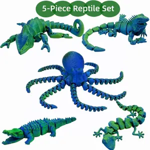 5pcs 3D Printed Reptile Toy Set, Octopus Lizard Crocodile Gecko Chameleon, Movable Joints, Home Office Decor, Halloween Christmas Thanksgiving Gift