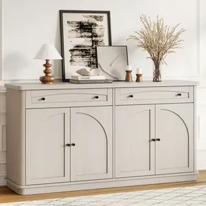 ONBRILL 63 Inch Buffet Cabinet with Storage, Curved Sideboard Cabinet with 2 Drawers and 4 Arched Doors, Storage Cabinets with Adjustable Shelves, Sideboard Buffet for Living Room, Kitchen