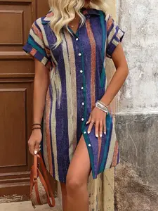 Loose Striped Shirt Dress, Button Down, Rolled Sleeve, Curved Hem, Casual Summer Outfits, Non-Fitted Silhouette, Womenswear, Casual Fit Chic