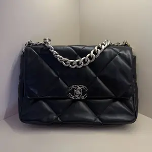 Pre-owned CHANEL Large 19 Flap Bag, Black Soft Lambskin Leather with Silver Tone Mixed Metal Hardware (Microchip NFC Model, Circa 2021–2026, Made in Italy) A168 HK