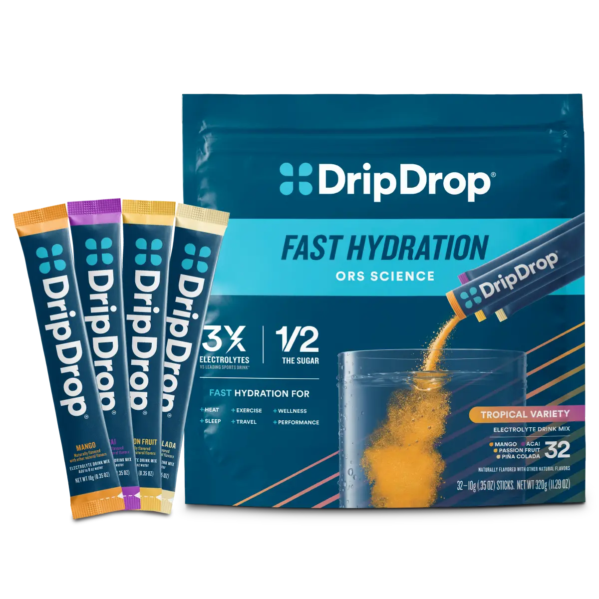 DripDrop Tropical Variety Pack Electrolyte Powder, 8 oz sticks, 32 count DripDrop Tropical Variety Pack Electrolyte Powder, 8 oz sticks, 32 count
