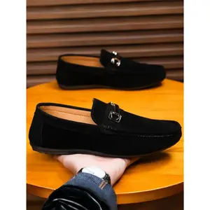 Men's Khaki Suede Metal Buckle Flat Loafers: Soft-Sole Anti-Slip + Slip-On Design, Daily Commute Versatile Casual Shoes, Footwear