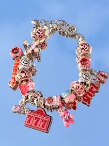 Y2K Style Multi-Charm Bracelet, Lucky Number 777 Gaming Tag, Cherry Slogan Tag, Cute Bear Cake Cross Beads, Leopard Rose DIY Bracelet, Xoxo Style Bracelet