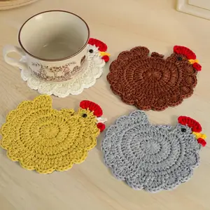 Handmade Crochet Chicken Coasters Set of 4 - Funny, Stuffed Animal-Themed Drink Coasters, Cute Desk Accessories, Home Decor, Tabletop Protection