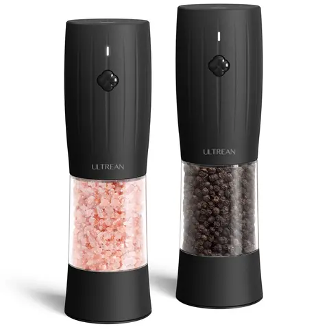 Ultrean Rechargeable Electric Salt and Pepper Grinder Set of 2 - USB-C Fast Charge, 6 Adjustable Coarseness, LED Light, ABS Kitchen Utensils, Container, Washable Spice Bin, Ceramic Core, With Lid, Modern Azure Housewarming Gift Idea, 1-Hand Button