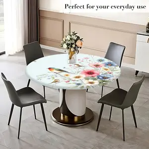 1PC Vintage Watercolor Floral Bird Elastic Round Tablecloth, French Country Stretch Patio Table Cover for Party Wedding Indoor Outdoor Decor, All Season