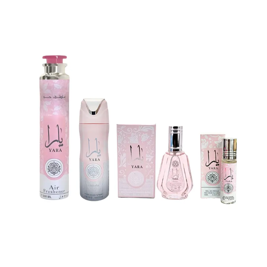 Lattafa Yara Women's Fragrance Multi-Pack Bundle Set - Fruity Sweet Floral EDP (1.7fl.oz, 3-3.9fl.oz Range), 10ml Easy Apply Roll On, 300ml Air-Freshener, 200ml Deodorant, Sweet Vanilla, Tropical Fruit Blend (Sample Set Inclusions), Fragrance Blend