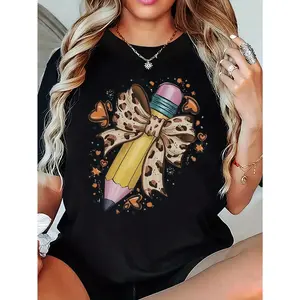 Women'S Teacher Pattern T-Shirt- Soft Casual Top with Cute Pencil And Star Print- Back to Outfit, Educator Apparel- Versatile Short Sleeve Shirt for Everyday Use, Economical And -Themed Design