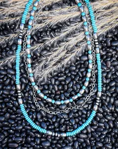 Rowdy Navajo Style Layered Pearl Fashion Necklace - Bead, Turquoise