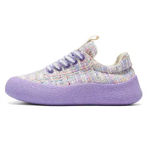 Women's Casual Height-Increasing Sneakers Soft Comfortable Plaid Color-Block Design Trendy Fashion with Laces Purple Sole