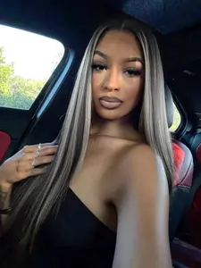 Black White Highlight Wigs 13x4 Lace Front Wigs Blended Highlights Synthetic Wig Pre-Plucked Hairline Concert Look Straight Wig Coachella Festival Look Lace Frontal Wigs for Women 28 Inch