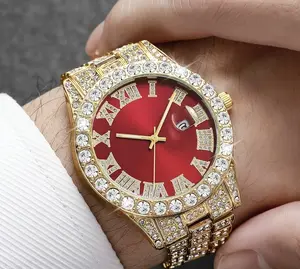 Red Dial Gold & Silver Diamond Encrusted Circular Bezel 40mm Mechanical Watch with Gold & Silver Diamond Bracelet Luminous Feature