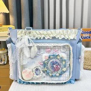 Pastel Blue Ruffle Lace Ita Bag Tote | Clear Transparent Window Anime Badge & Pin Display Shoulder Handbag, Sweet Lolita Kawaii Large Capacity Casual Bag for School Outdoor & Anime Merch Collecting