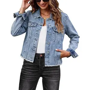 Women's Basic Button Down Stretch Fitted Long Sleeves Denim Jean Jacket