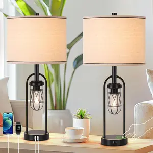 27" Farmhouse Nightstand Lamps, Touch Control Table Lamp Set of 2, Dimmable Metal Bedside Lamps with Industrial Cage Nightlight, Rustic Side Table Lights