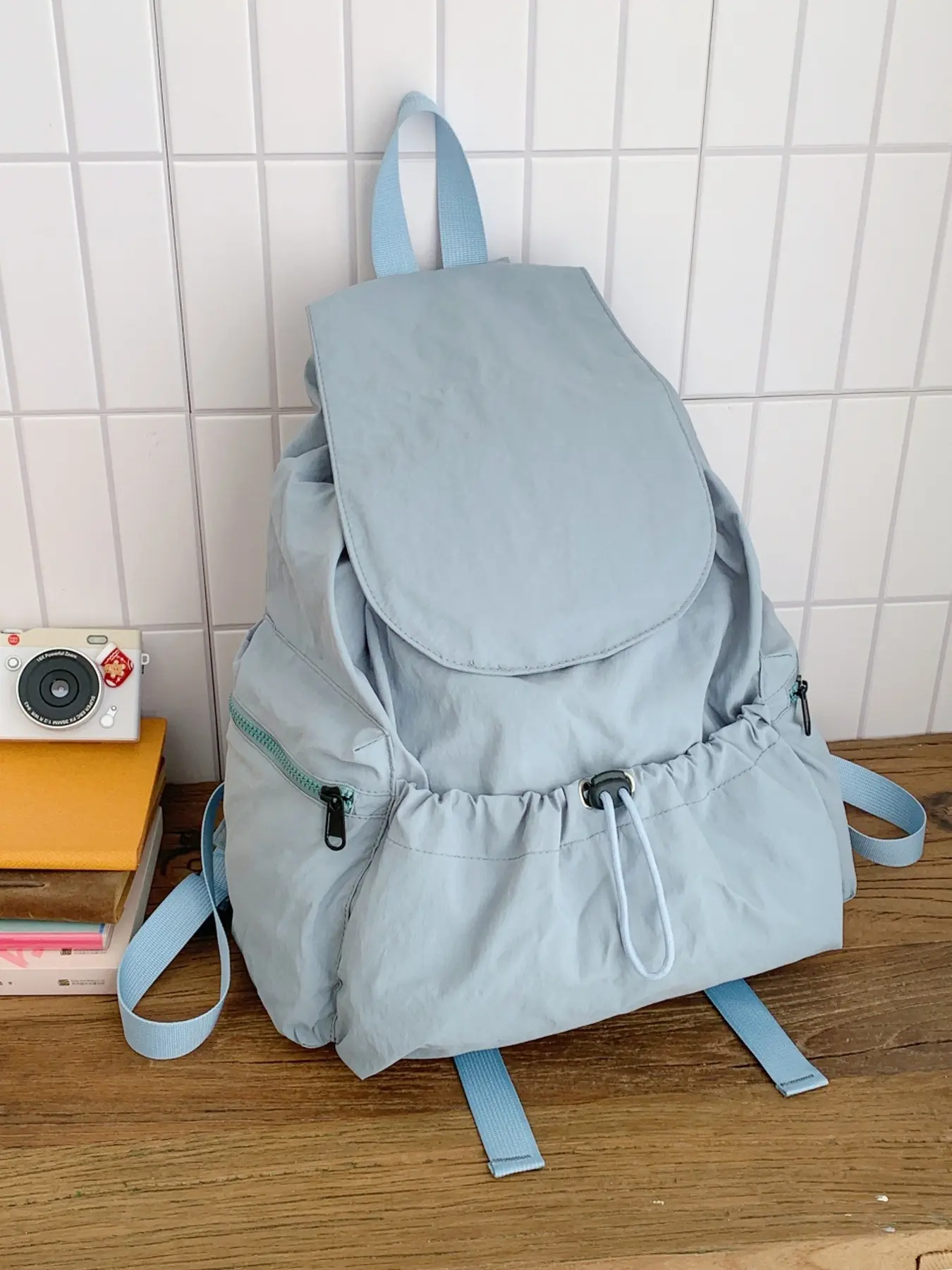 Korean Style Relaxed Drawstring Flap Backpack Unisex Lightweight Waterproof Large Capacity Commute School Short Trip Casual Fashionable Stress Relief Bag