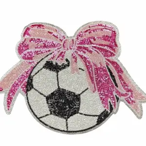 Large soccer with bow sequins embroidered iron on patch, soccer tshirt