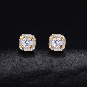 Unisex Hip Hop Cuban-Style Square Stud Earrings, featuring Synthetic Moissanite Lab-Created Alien-Shape Gemstones
