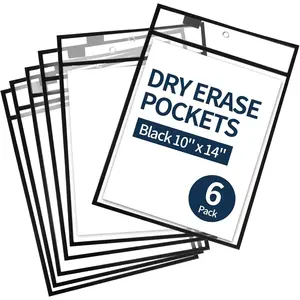 6 Pcs Black Dry Erase Pockets Sleeves, 10" * 13" Reusable Job Ticket Holders Plastic Sleeves for Teacher Classroom