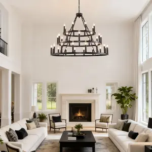 39.37 Inch 3 Tier Wagon Wheel Chandelier Farmhouse 36 Light Black Metal Industrial Fixture for High Ceiling