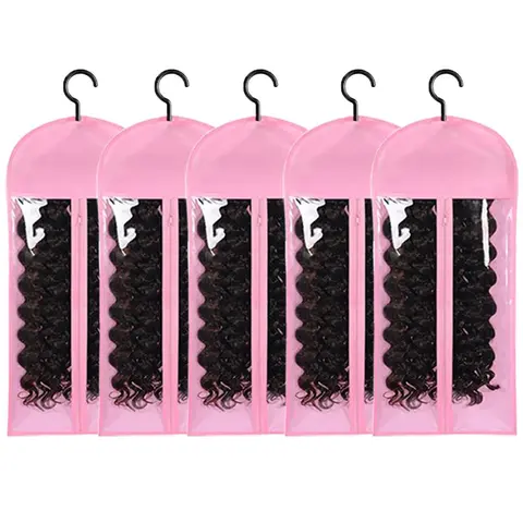 Wig Storage Bag with Hook, 5 Counts/set Synthetic Hair Extensions Transparent Dustproof Wig Storage Bag for Hair Replacement, Curly Hair Extension Holder, Wig Tool, Wigs Accessories for Salon & Home Use