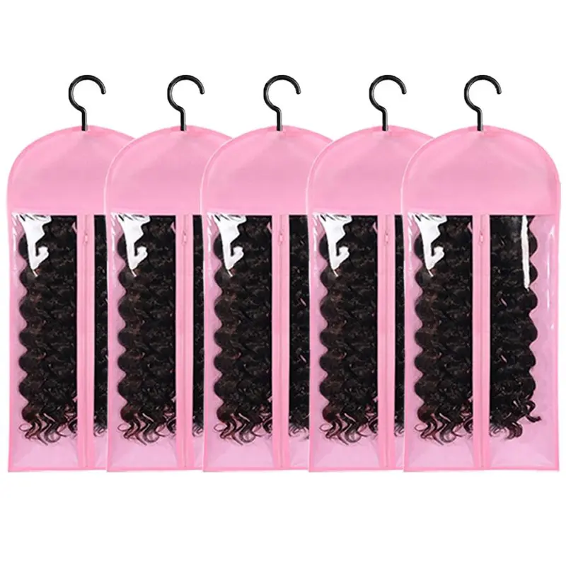 Wig Storage Bag with Hook, 5 Counts/set Synthetic Hair Extensions Transparent Dustproof Wig Storage Bag for Hair Replacement, Curly Hair Extension Holder, Wig Tool, Wigs Accessories for Salon & Home Use