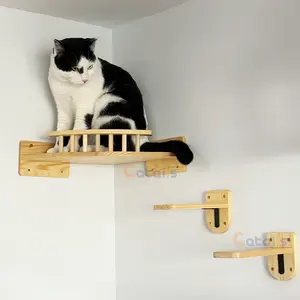 Wooden Large Cat Wall Shelf with 2 Steps for Indoor Cats Pre-Assembled Wall-Mounted Cat Bed Climbing Frame for Play and Activity