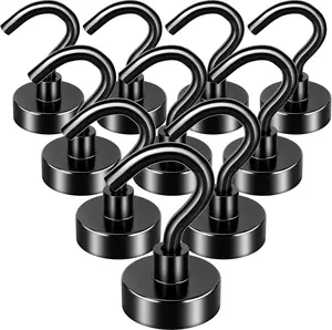10 Pack Black Magnetic Hooks - 25lbs Neodymium Magnet for Hanging - Home, Kitchen, Office, Warehouse, School