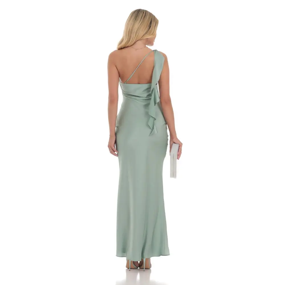 Satin One Shoulder Tassel Maxi Dress in Sage