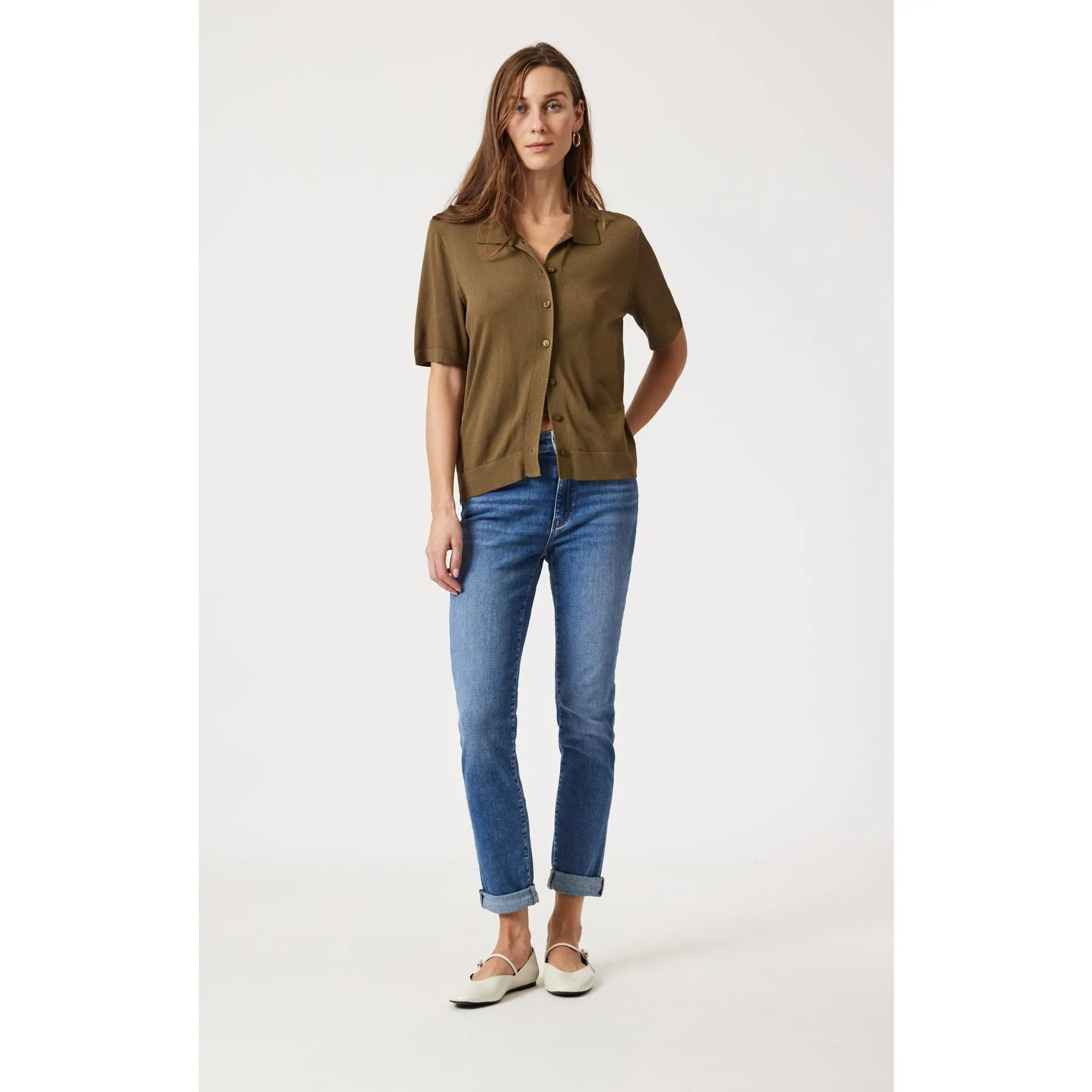 Women's Kathleen Bottoms - Slim Boyfriend Fit Brushed Feather Blue Stretch Denim Jeans, Mid Rise Tapered Leg Cropped Rolled Cuff Casual Fabric Pants