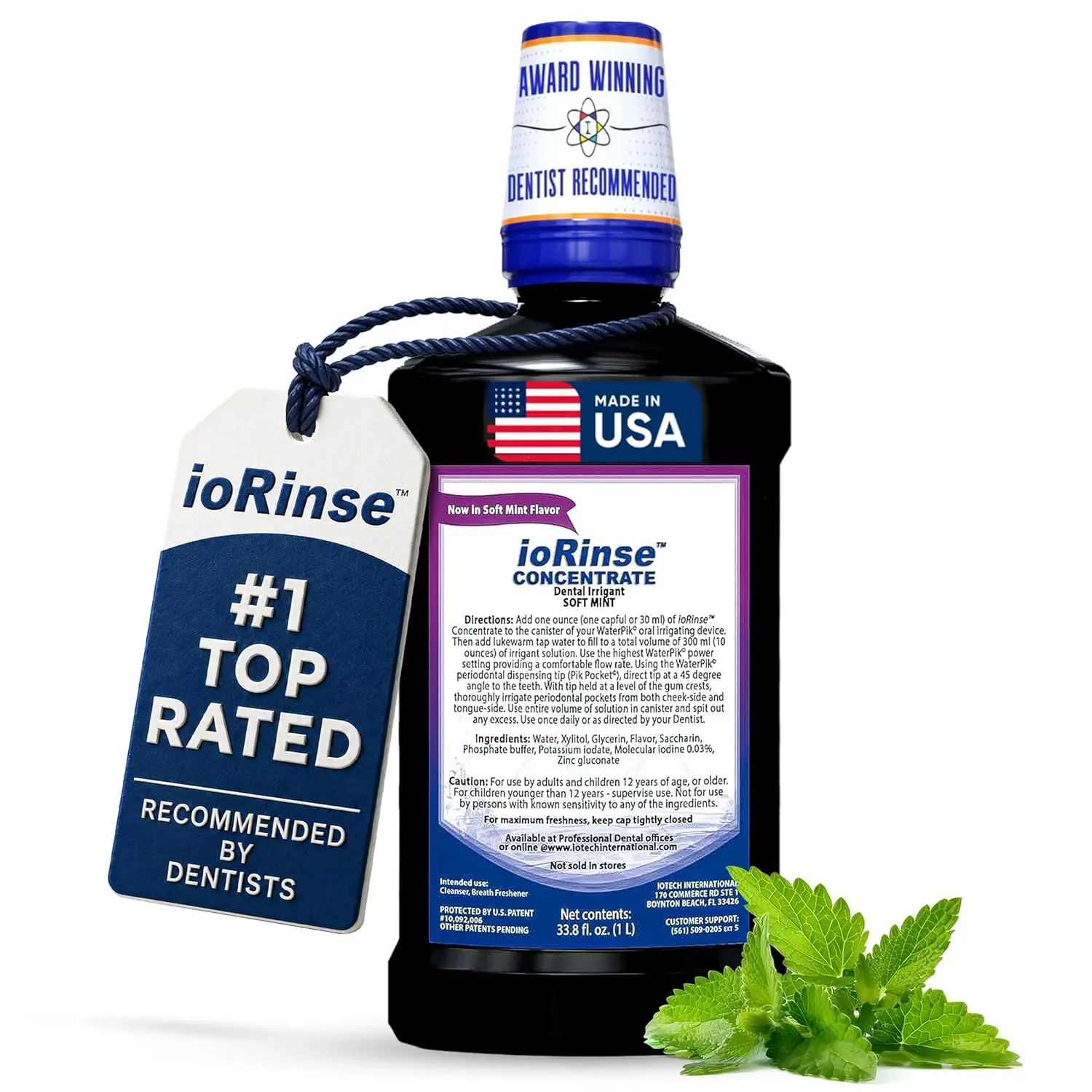ioRinse Concentrated Irrigant with Active Molecular Iodine, Alcohol-Free Dental Irrigant, use with Water Flossers, and All Other Oral Irrigation Devices - Soft Mint - 33.8 oz