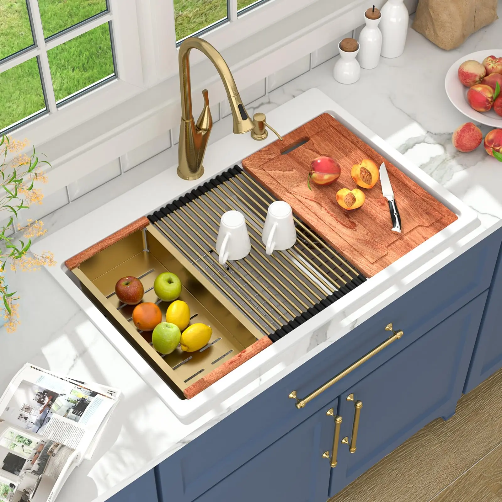 Lordear Low Maintenance Granite Composite Rectangle Kitchen Workstation Sink, 33x22 in Drop-In Topmount 60/40 Split Double Bowl, White Quartz Basin with Ledge, Crystal, Resin, Colander, Cutting Board Inclusions, 12 Month Exchange, Drain Assembly Roll-Up
