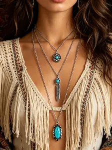 3-piece vintage Western women's jewelry set, Bohemian style, featuring a turquoise flower metal feather pendant necklace and a women's country-style long choker (Bohemian style).