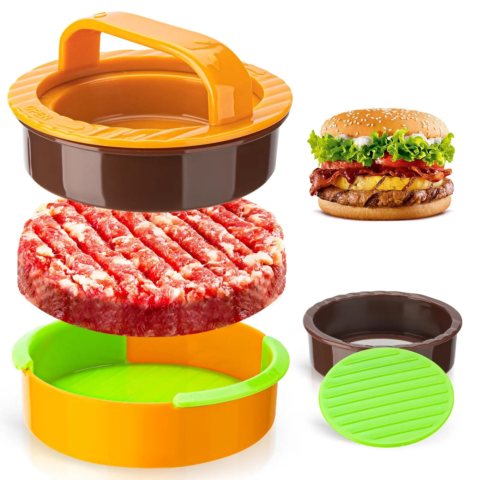 Upgrade Version 3-In-1 Non-Stick Burger Press Machine, Durable Hamburger Press, Kitchen Gadget, Ideal for Filling Burgers, Sliders, Vegetarian & Beef Patties